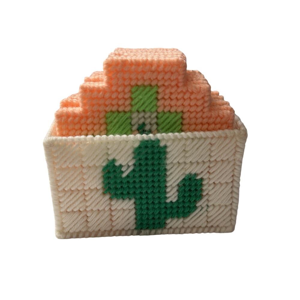 Vintage Latch Hook Coasters Set Of 8 Cactus 4.25”